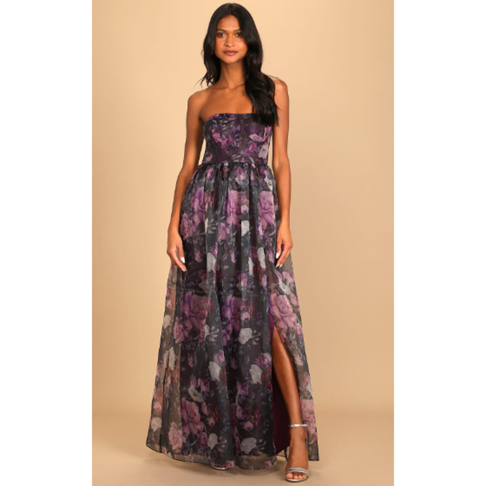 Lulus Strapless Bustier Purple Floral Print Wonderful Waltz Maxi Dress Size M - Picture 10 of 15
